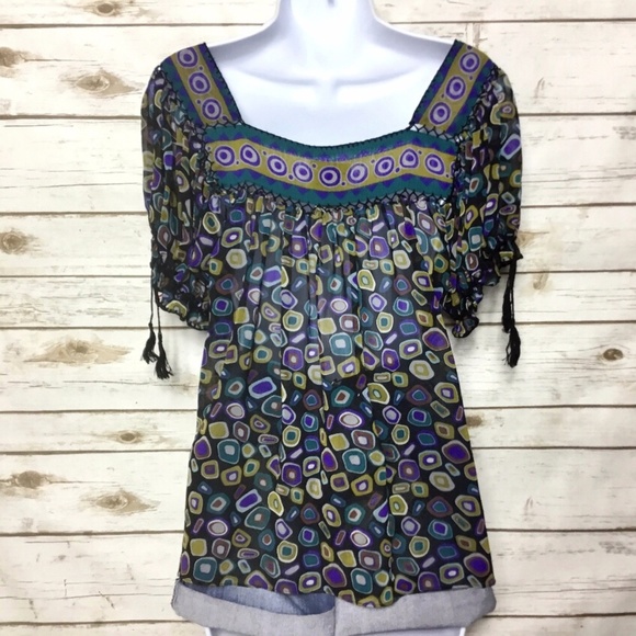 Geometric Print Short Sleeve BOHO Festival Blouse - Picture 2 of 7